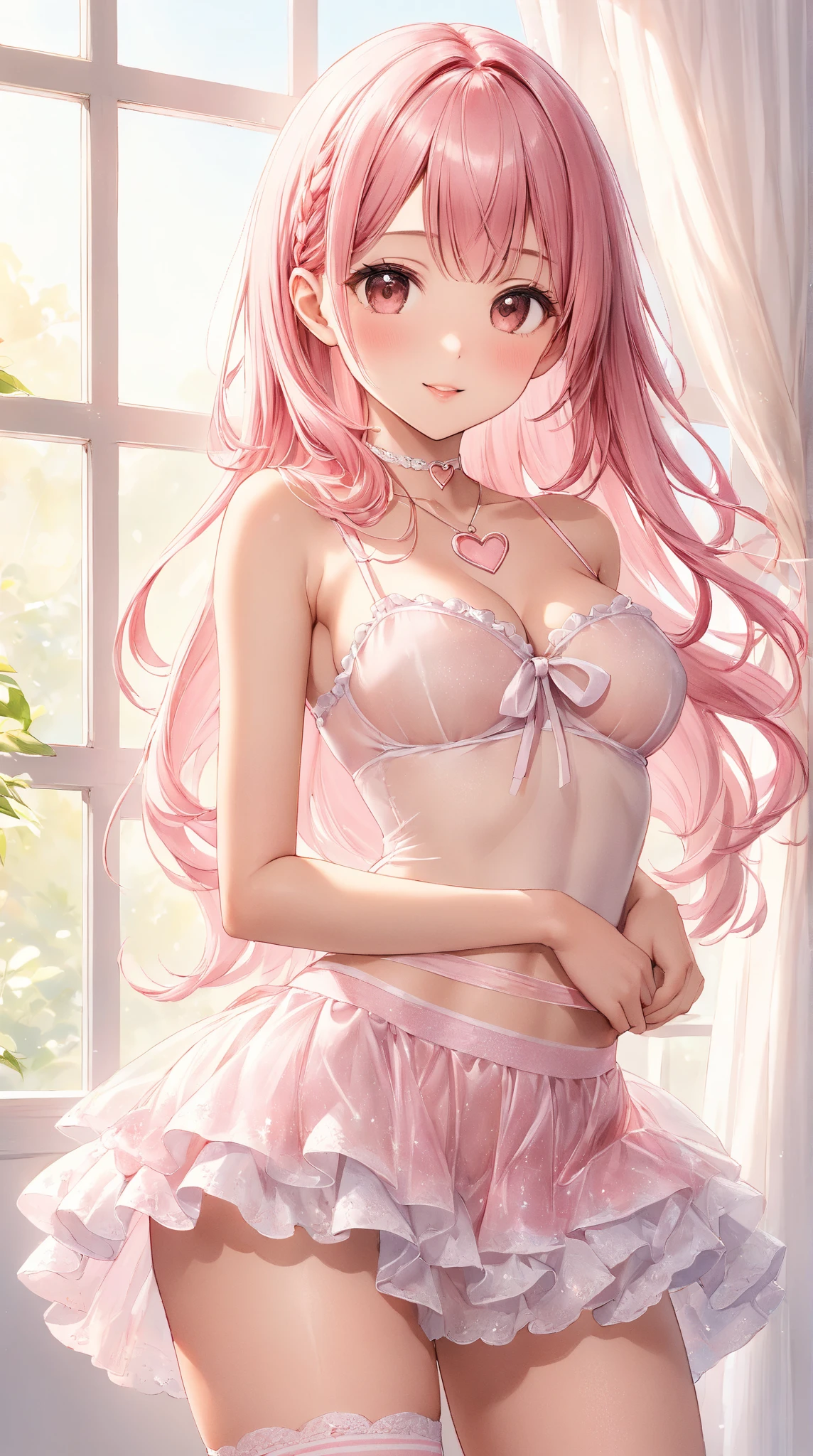 table top、High resolution、1 girl、cute anime illustration、In underwear only、floral lingerie、shiny appearance、big and full breasts、top-quality, A detailed face,  1 girl in, a sand-haired, long haired, orange eyed, ((pink babydoll)), ((frilly babydoll)), ((see-through)), off shoulders, wearing a pastel pink (sheer) babydoll, cute pink panties and bra underneath her sheer babydoll,
