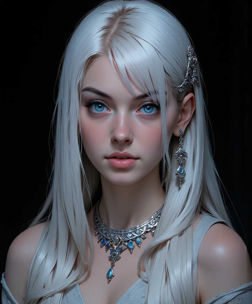 8k, (full body shot:1.4), 20-year-old Swedish girl, raw, Beautiful woman, (straight gray hair), Crystal-encrusted girl, sexy poses, The white skin is inlaid with transparent crystal, ((lens)), The structure is made of crystals, Hourglass body, intricate, beautifull face, elegant, highly detailed, digital hyperrealistic photography, hyperrealistic photography filigree, shyness, most beautyfull face, (masterpiece, sidelighting, (finely detailed beautifull blue eyes: 1.2)),