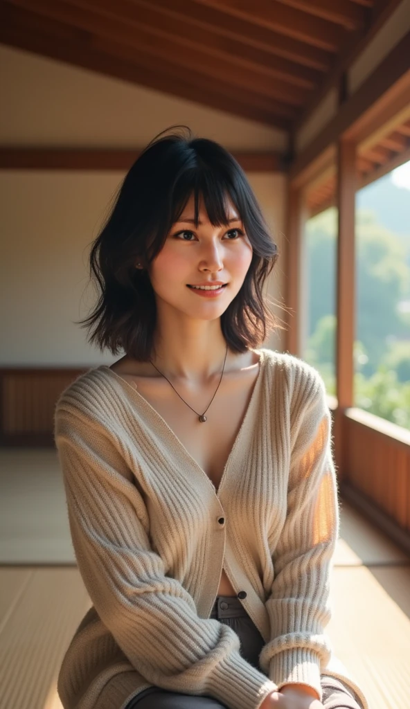 (((Japanese 41 year old mature woman))),top-quality, ​masterpiece, hight resolution, Photorealsitic, Raw photography, flawless, profetional lighting, ighly detailed, depth of fields,traditional Japanese room, (((41 year old))), (((Wrinkles on the face))),Nasolabial folds on the face,(((There are stains on the body))) chubby figure, Female sexy, Detailed face, beautidful eyes, bangss, sagging breasts, Straight light brown hair that reaches to the shoulders, Faint lips, ((stand facing forward、Staring at the viewer&#39;serious face eyes.)),(((Tunic sweater))),skirt by the, Knee removes foot from frame