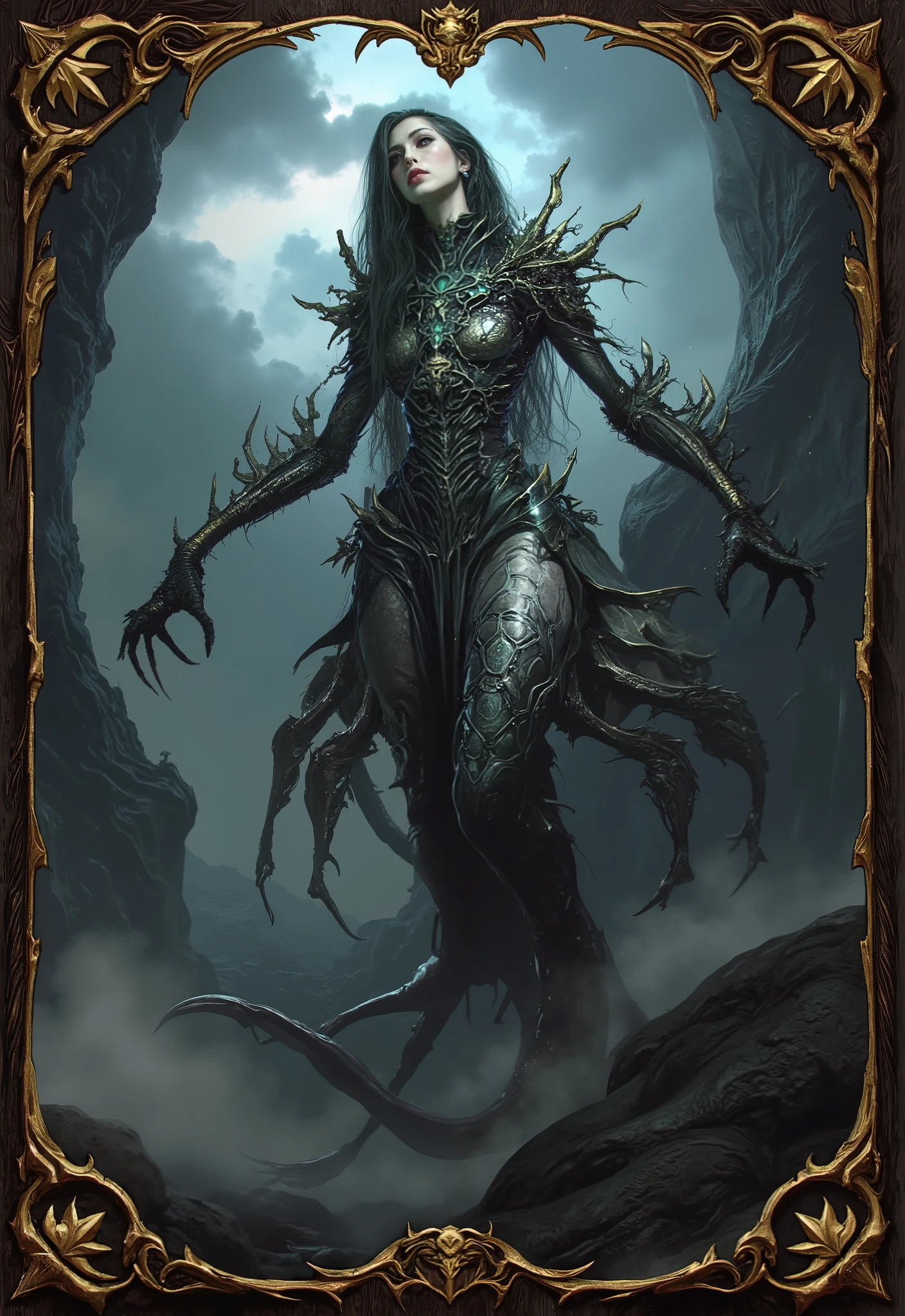 Terrible Phantom Combining Scorpion and Beautiful Girl, Precise Details, Terrible Expressions, poisonous appearance, Strong Offensive Poses, Dark Fantasy Backgrounds, Cursed atmosphere, disaster々Shiny Colors, realistic, real, Professional, Extreme Detailed Expression, physically-based rendering, dark fantasy concept art, epic illustration, ornate fantasy trading card frame with golden intricate edges, Magic: The Gathering style layout, Bokeh, Masterpiece, 4K