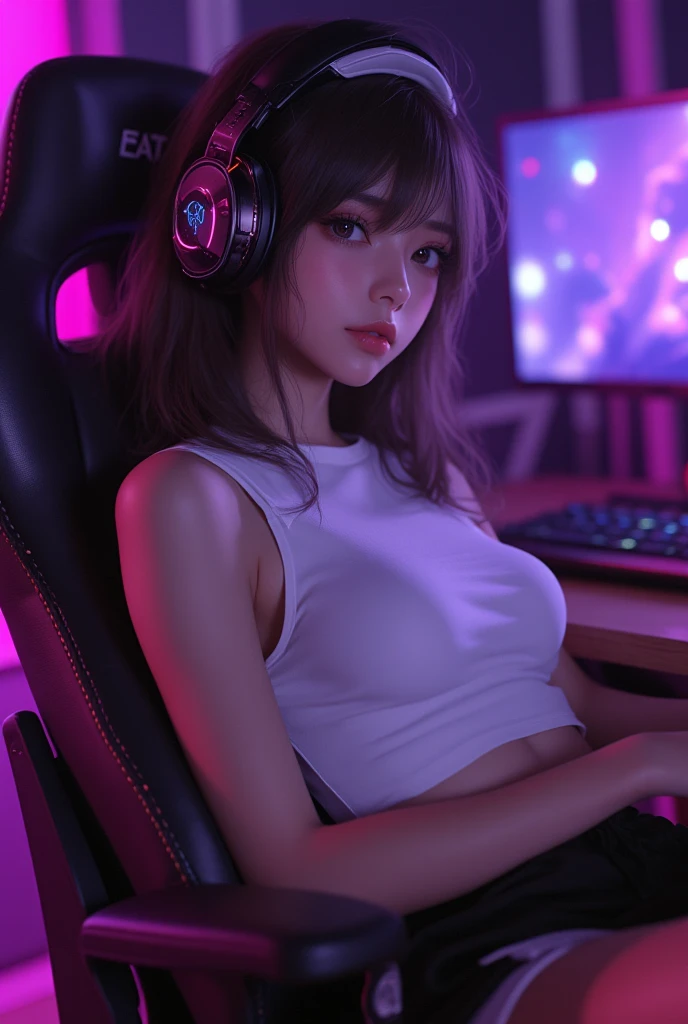 ((masterpiece)), ((high quality)), ((best quality)), a professional gamer, beautiful woman, perfect face, long straight black hair bangs, eyebrows, breasts, T-shirt, shorts, thighs, perfect body anatomy , speakers, computer monitor, gaming chair, indoor, aerial view, facing viewer, (highly detailed), realistic, neon pink lighting, (intricate detail), hd, 16k
