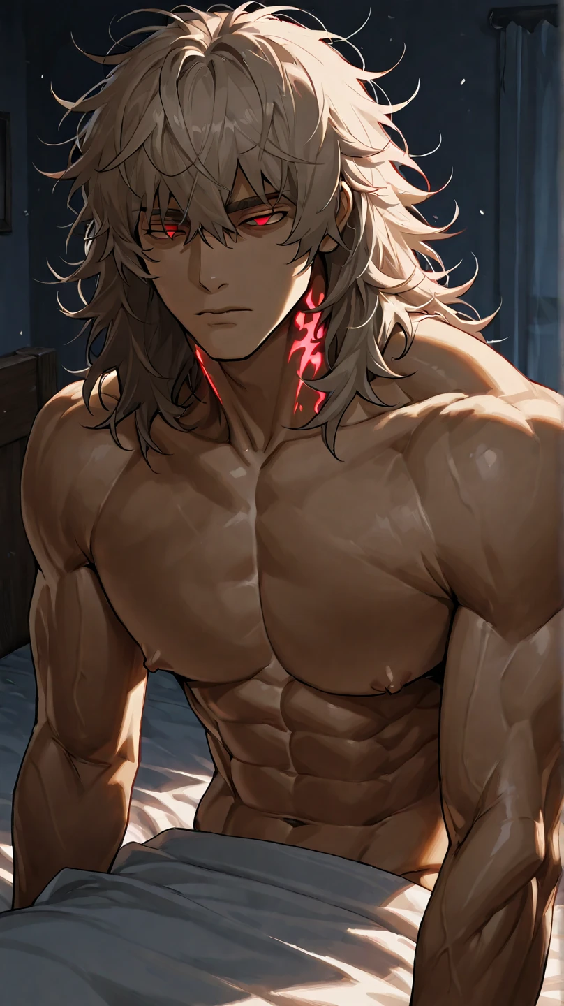 absurdres, highres, ultra detailed, HDR, master piece, best quality, extremely detailed, Arataki Itto, white hair, expressive red eyes, Oni, Genshin Impact, solo, sexy man, handsome, red horns, horny, sensual, without clothes, naked, taking a shower, bathroom, water, dick, erection