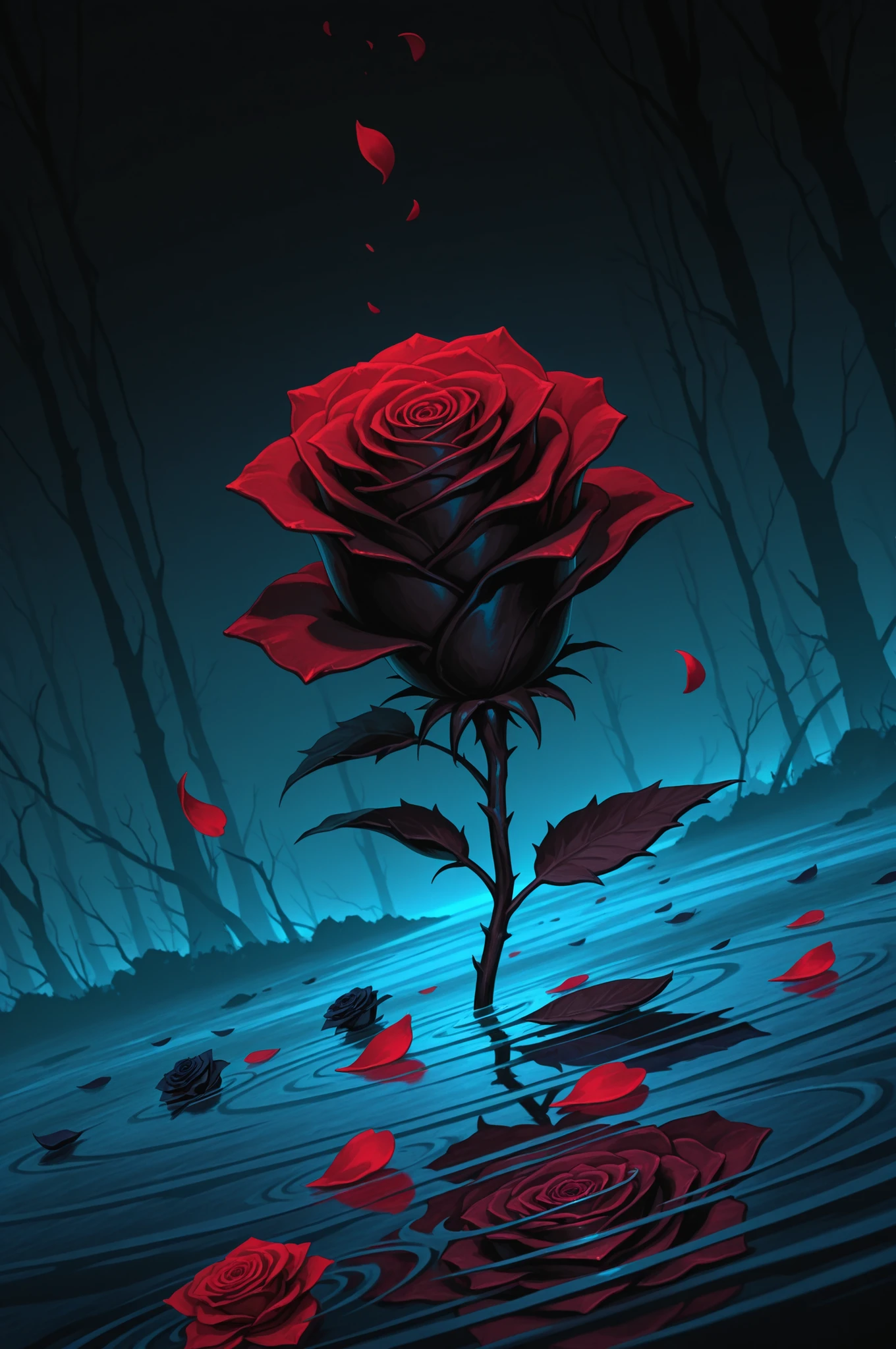 masterpiece, high resolution, 8k wallpaper, highly detailed illustration, magnificent details, cinematic angle, dutch angle, exquisite details,
dark rose, wilted rose, lost souls rising out of the rose, darkness, falling petals, water ripples,