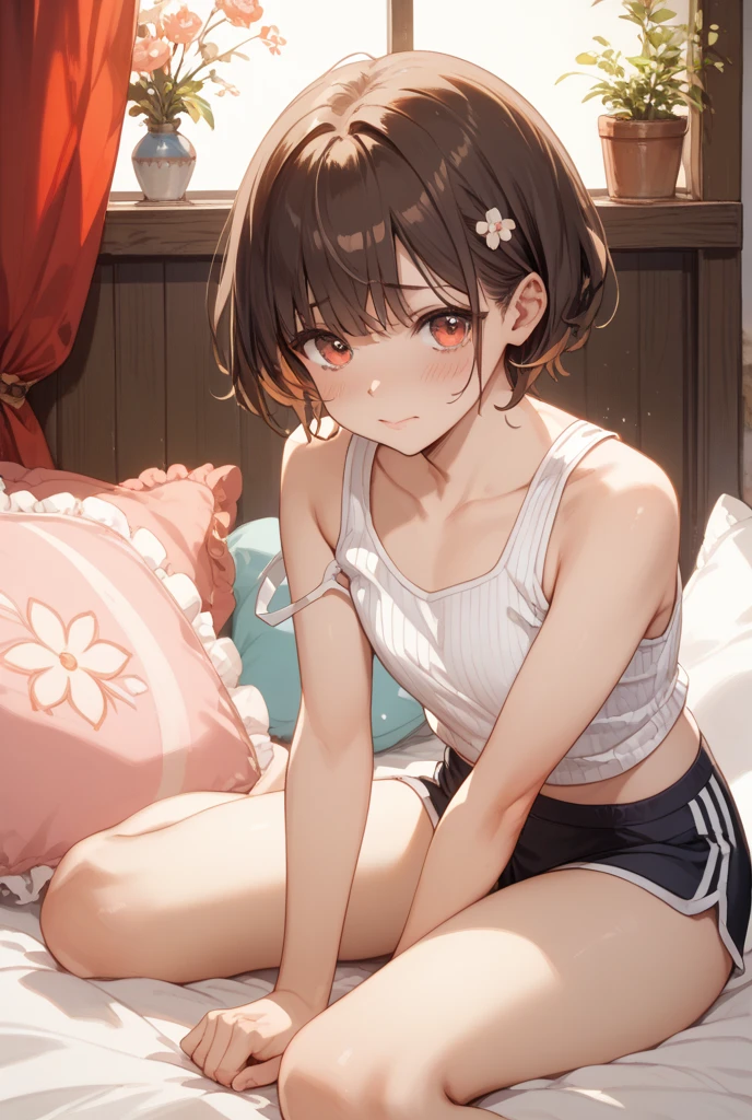 (super flat, flat shading, flat color:1.1)、(magazine cover)、An illustration、(One Asian boyish girl)、(cute:1.2)、Very beautiful 14 year old girl manga、cheeks are red、(high detail skin: 1.2)、embarrassed look、open your mouth、Photorealistic anime girl rendering、Realistic anime 3D style、beautiful brown hair、intense black eyes、strong eye highlights、(get used to it、Medium chest)、perfect anatomy、(sweaty)、Pale pink underwear、(wet with water)、spread your legs、head tilt、sit on the sofa、((heart cutout))、volume lighting、soft light、bright、Light from behind、bright色、watercolor painting、shortcut、hair band、frills、