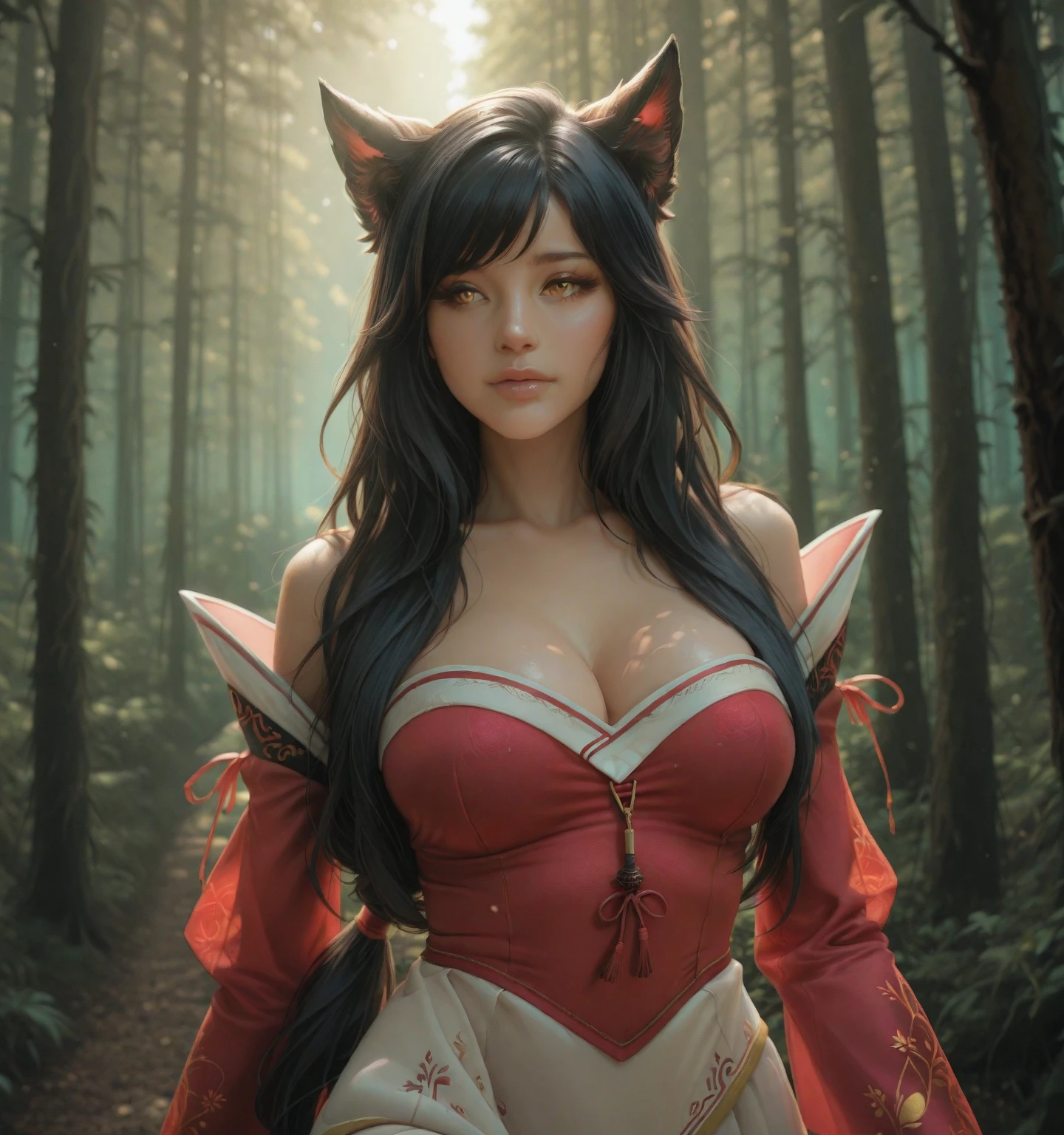 (best quality,4k,8k,highres,masterpiece:1.2),ultra-detailed,(realistic,photorealistic,photo-realistic:1.37),Ahri sitting in a lush forest,smiling happily,enjoying the tranquil surroundings,surrounded by vibrant green leaves and tall,ancient trees,small red fox sitting on her lap,gently purring,content.
