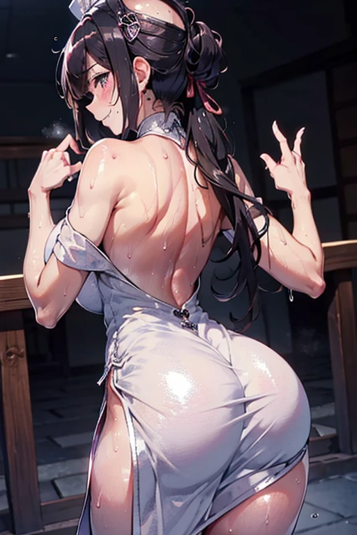 1milf & 1man, sex together ,sex from behind, doggy style sex, large_breasts, standing, solo,wet white dress , masterpiece, best quality, detailed face, detailed eyes, highres,score_9, score_8_up, score_7_up, score_6_up, 1girl, , mature female, black hair, long hair, black bra, black panties, seductive smile, balcony, railing, bent over, looking back, from behind, teasing, (covered in semen:1.4), sweating, exhausted angry face, porn