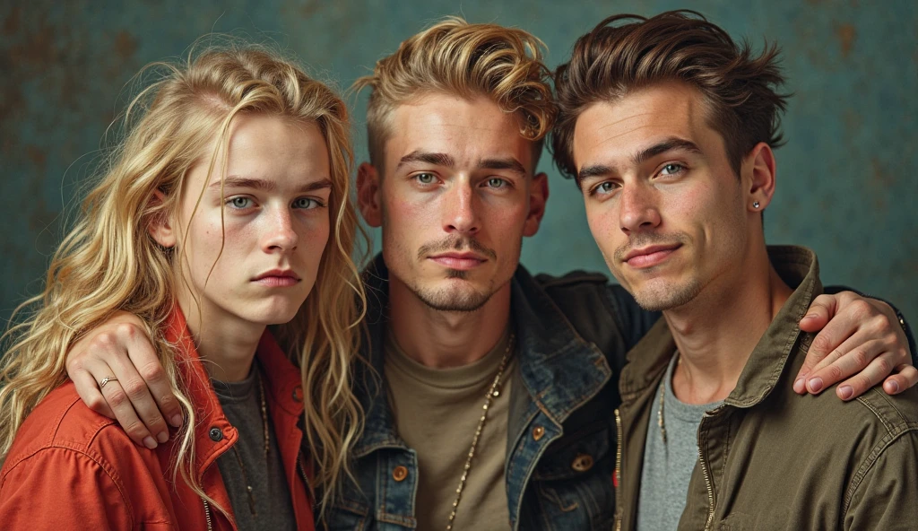 showing full body, showing knees, showing head,  super cute lean 16yo boy and muscular 16yo boy arms around  eachother, affectionate, happy, very young, fit  , topless,  muscular,  blond, both have very long hair, cowboy, wearing tight shorts