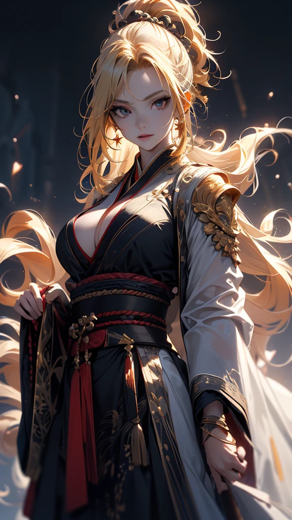 (8k, highest quality, masterpiece: 1.2), (realistic, realistic: 1.37), Super detailed, ((A bewitching female thunder god dancing in the sky:1))、((Female thunder god in sexy Japanese style kimono))、A sexy thunder god who controls lightning、((A sexy golden kimono inspired by thunder:1))