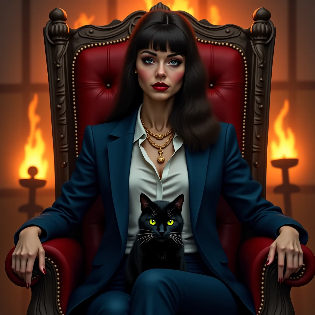 Create a realistic image where a woman wearing black luxury suit and sitting on king size chair, he's holding a cat in her hand, there is smoke in background a shadow of cat and cat's eyes is glowing in yellow colour. In background the name "BEBO" is showing in bold effects just attached above the chair the head of the character as per his name.