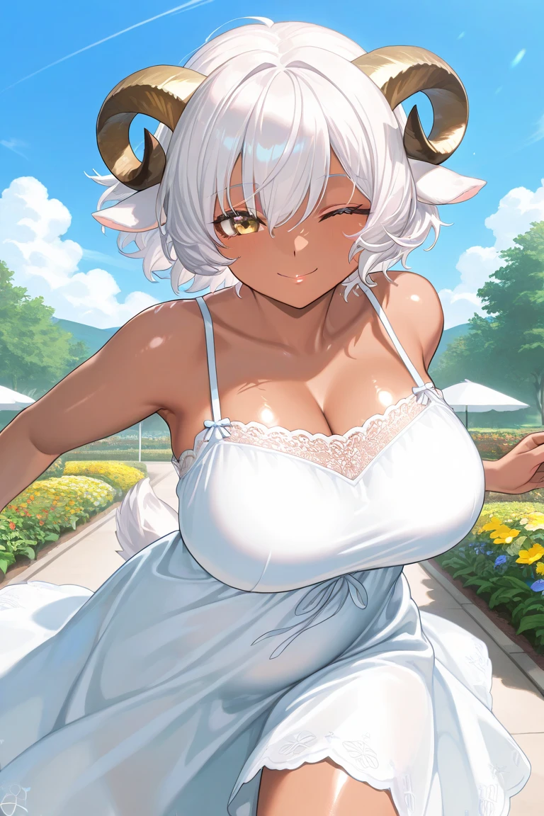 High level image quality best image quality 8K adult woman pool party rain palm trees more colors white body portrait bikini horn ears short hair((shortcut)(gray hair)(perm)(fluffy)) eye color is blue , , attractive evil face , smile , sexy pose , labrynth , barearm , wearing white shade shirt , sitting by the pool , crossed legs , all wet , view from below