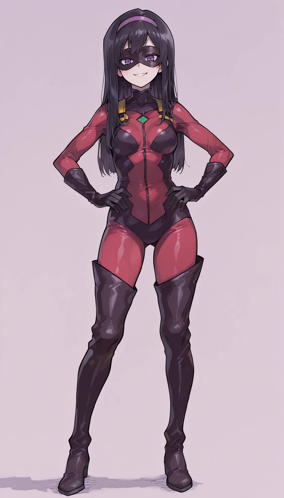 My Hero Academia style, anime Girl, female, Amity Blight, The Owl House, trending on artstation pixiv, (full body shot:0.5), Masterpiece, Perfect Anatomy, Super Detailed, Pale skin, golden yellow eyes, pointy ears, Hair tied into a high ponytail pulled up in front, undercut on the sides, two-tone hair, long purple hair with brown roots, Wide thighs, wide hips, Large breast, full body suit, hero suit, Spotted purple suit, multi-toned suit, purple suit, multi shade purple suit, light purple spot suit, dark purple spot suit, one piece suit, purple symbiote, Claws on hands and feet,