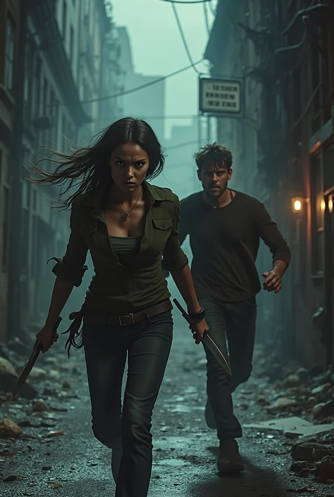 A young woman and a young man prepare to run undetected by zombies