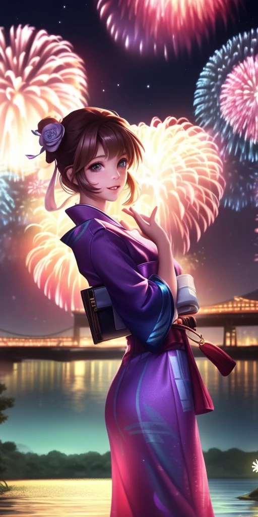 A cute girl with brown skin, sexy body, purple and wavy hair [with shades of black], golden eyes (shiny), ultra realistic eyes, smiling, Japanese clothes, japanese kimono [ purple color], round face, realistic lighting, Radiosity, Fireworks, Stars, starry sky, Close UP.