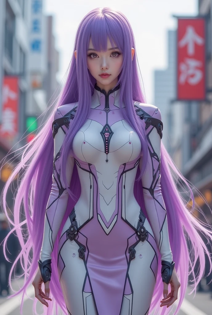 Fullbody, very very long hair purple a woman dressed in a white and purple outfit, rei hiroe, beautiful android woman, kai'sa, female mecha, as a retro futuristic heroine, rinko kawaichi, kusanagi, hiyao miyazaki, as a retrofuturistic heroine, kaguya ōtsutsuki, still from tv anime, ayaka cosplay, japanese lightning goddess, pose random, skirt, background street city japan, walking