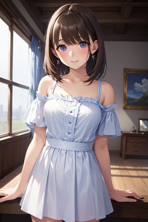 portrait, Realistic, elegant mature woman, blue eyes, blond hair, Big breasts, 4K resolution for hard hair, Beautiful CG, soft light, elegant expression, sophisticated appearance, Charming Smiles, Smooth skin, Graceful Posture, skillful makeup, HDR, UHD, Studio Lighting, Superb oil painting, clear focus, Physically Based Rendering, perfect in every detail, professional looking down at viewers, Vivid colors, bokeh,, ,( masterpiece, best quality, high resolution, ultra high resolution, pixel perfect, depth of field, 4K, RTTX10.0), 、Anegasaki Nene, shiny brown hair, beautiful brown eyes, smiling face, sparkling pupils, (fine grain), , highly detailed face,, (masterpiece:1.2, best quality), ((only1 girl)), ((cowboy shot:1.5))