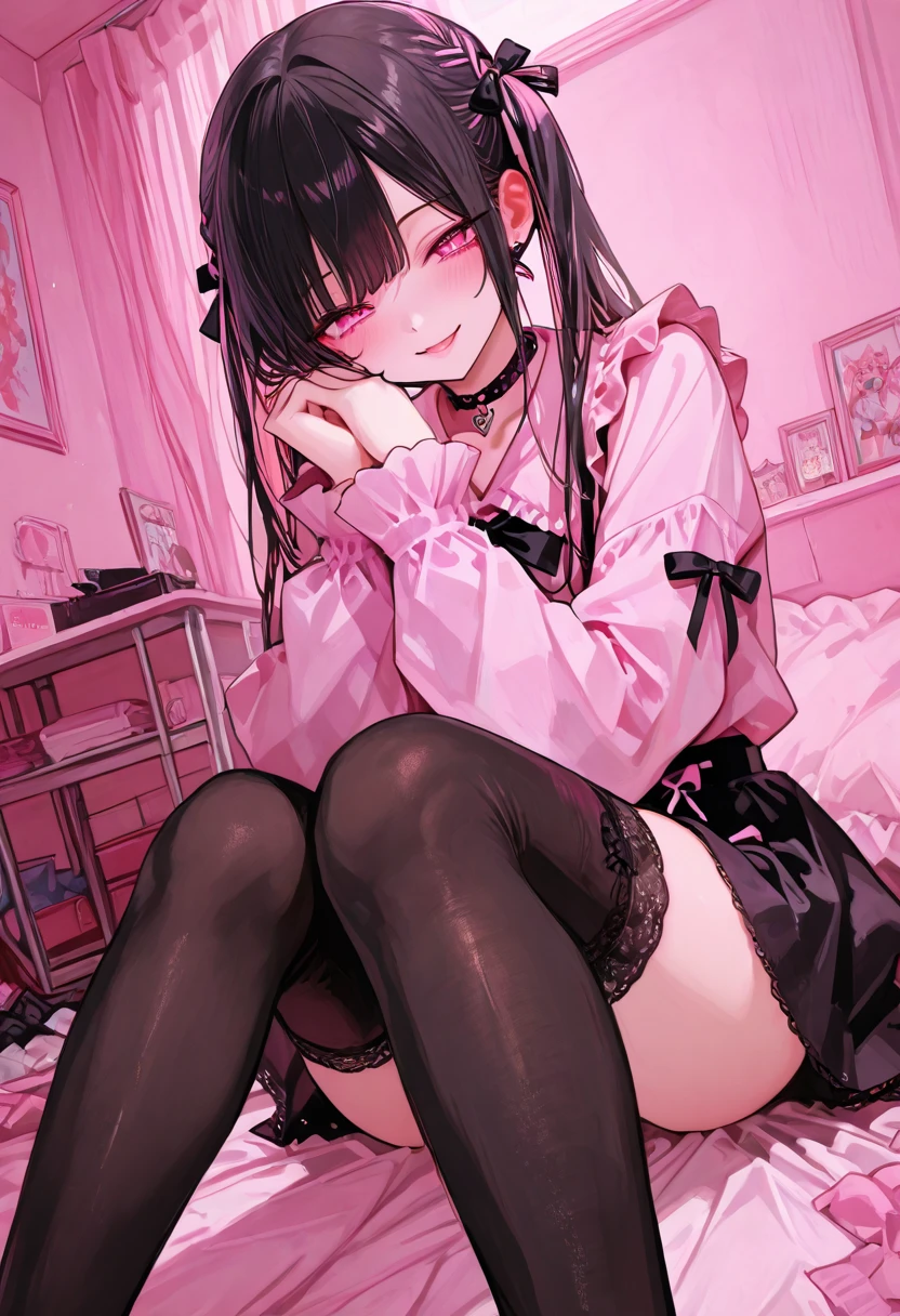 ((masterpiece、Highest quality、Very detailed))、One Girl、Black Hair、Medium Hair、twintails、blunt bangs、Pink eyes、evil smile、((Grin))、Earrings、Large Breasts、((Pink frilly outfit))、Long sleeve、((Black pleated skirt))、((black thighhighs))、Leather shoes、((sitting knees up))、((open legs:1.2))、((black panties))、Shoot from below、Bedroom Background