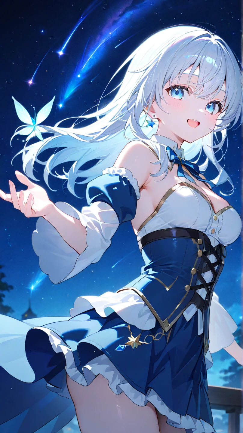 1 girl、Silver Hair、ponytail、Fantasy Clothing、Blue Dancer's Outfit、Purple decoration、accessories、(Expose、Bigger breasts)、