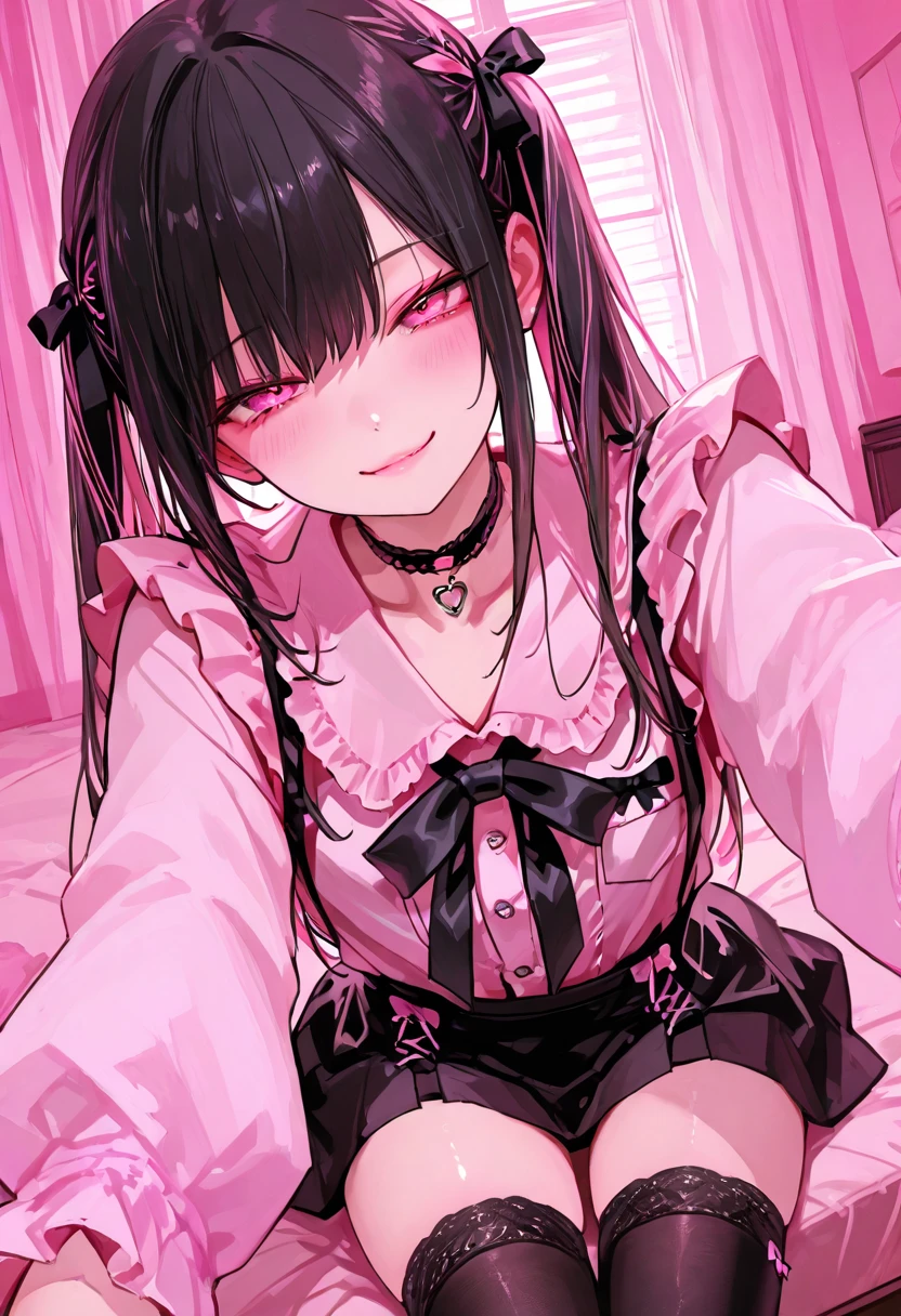 Hands behind back,Tied with hands behind back,lick,1girl,Beautiful 11 year old girl,teenager,Short,Tiny,Lanky,slender,Slim,small breasts ,from front,front view,looking at viewer, looking ahead,from above,cowboy shot,1girl,Black Hair,Long Hair,straight,two side up,Gray Eyes,Drooping eyes,slit pupils,narrow eyes.Black collar with black leash,Sheer black and hot pink negligee,lingerie,open mouth,tongue out,front face,,Straight Stand,Beautiful and detailed anime art,Mischievous smile,Sexy vibe,cum on tongue,Dimly lit room,On the bed,Simple Background,Gray background,Dim lighting,