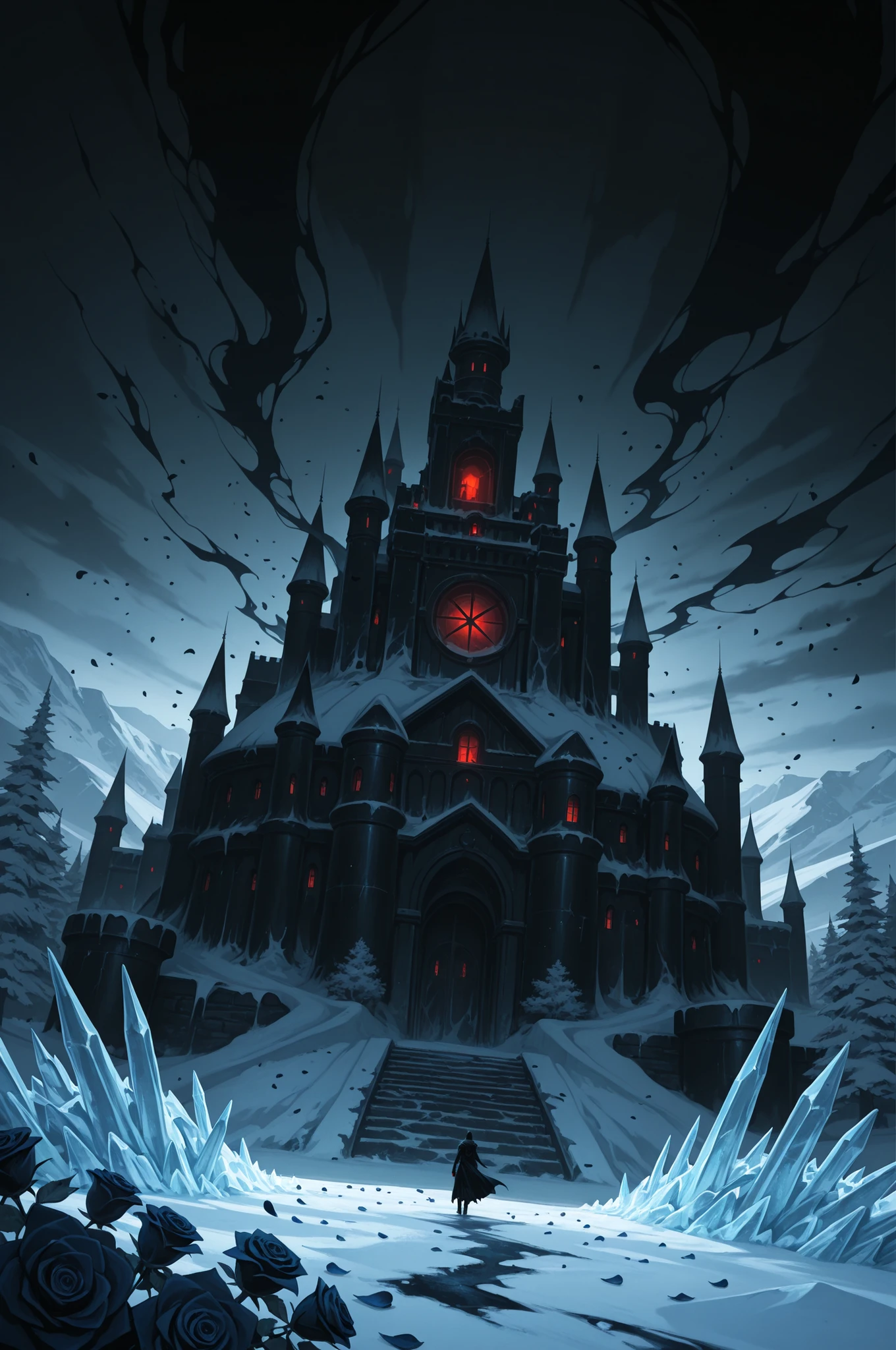  masterpiece, high resolution, 8k wallpaper, highly detailed illustration, magnificent details, cinematic angle, dutch angle, exquisite details,
evil fortress, winter, ice, roses, dark ambient environment, ominous, darkness, falling petals, 