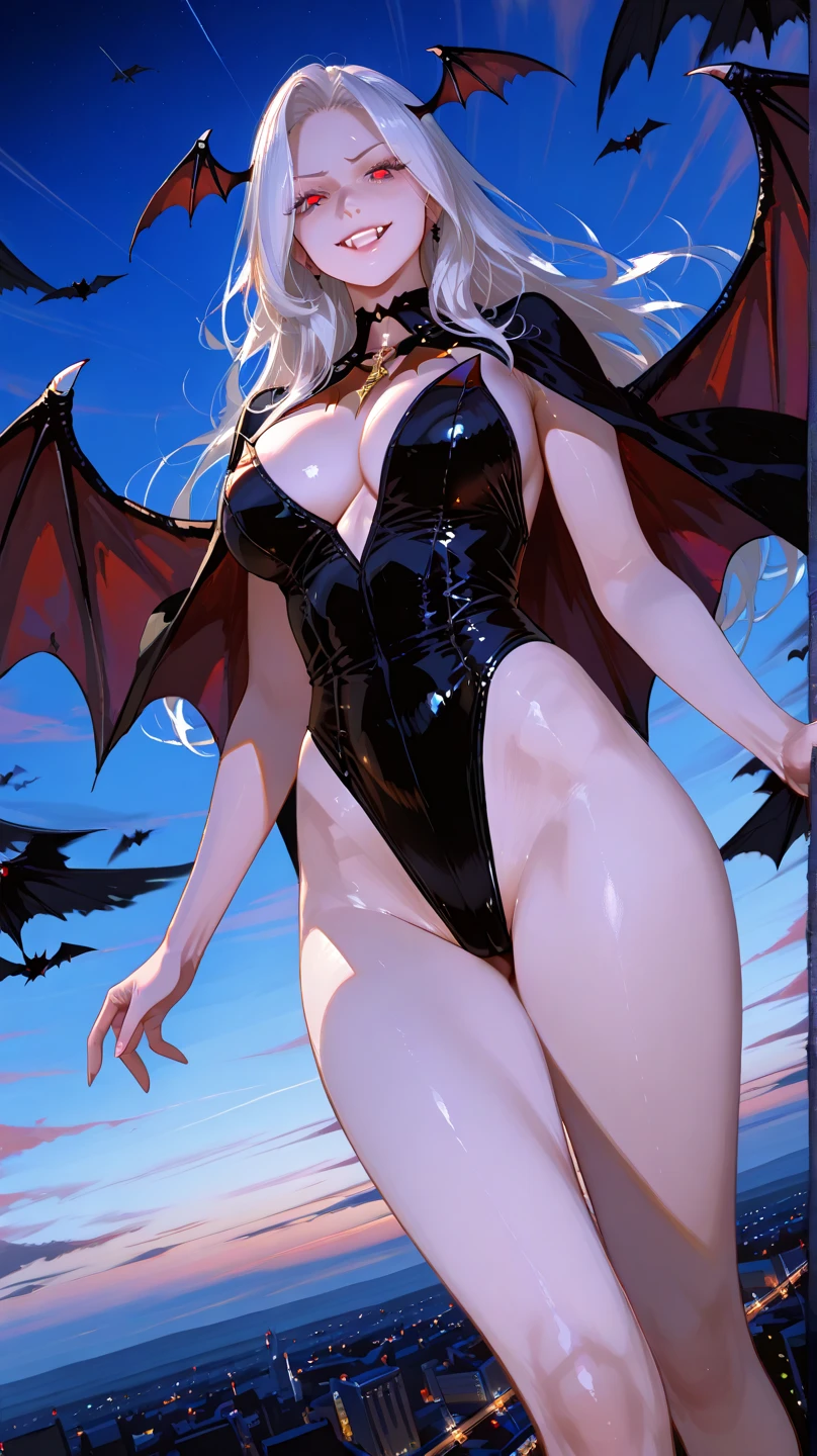 There is a beach there stand female , she have beatiful face and different eyes colour right red left is blue, with sexy dark make up, her right half of her hair is crimson red and left half is blond, she have demonic horn on right side of her head, also she have wings on her back, right wing is demonic and left angelic wing, she dressed in dres which is black sexy right side and white half on left part of a dress, (ultra high quality fantasy art, dark fantasy style, masterpiece, ultra high quality character design, 8k quality anime art, realistic anime art, top quality wallpaper illustration, detailed ultra high quality accurate face, high quality design and accurate physic)