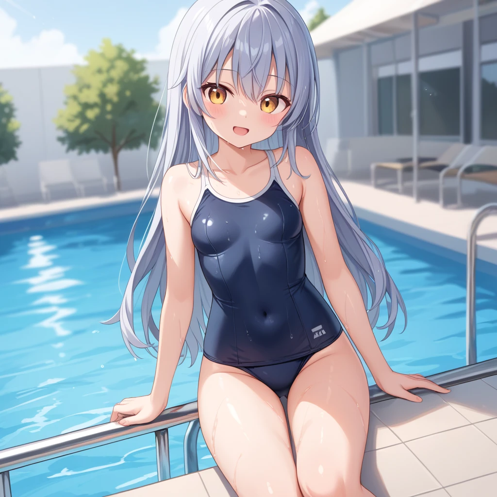 score_9, score_8_up, score_7_up, source_anime, masterpiece, absurdres, medium breasts, mature woman ,perfect face, 1girl, cute expression, smiling, looking at viewer, full body, pool, alisamikhailovna, alisamikhailovna kujou, long hair, bangs, blue eyes, ahoge, gray hair, red ribbon, white school swimsuit