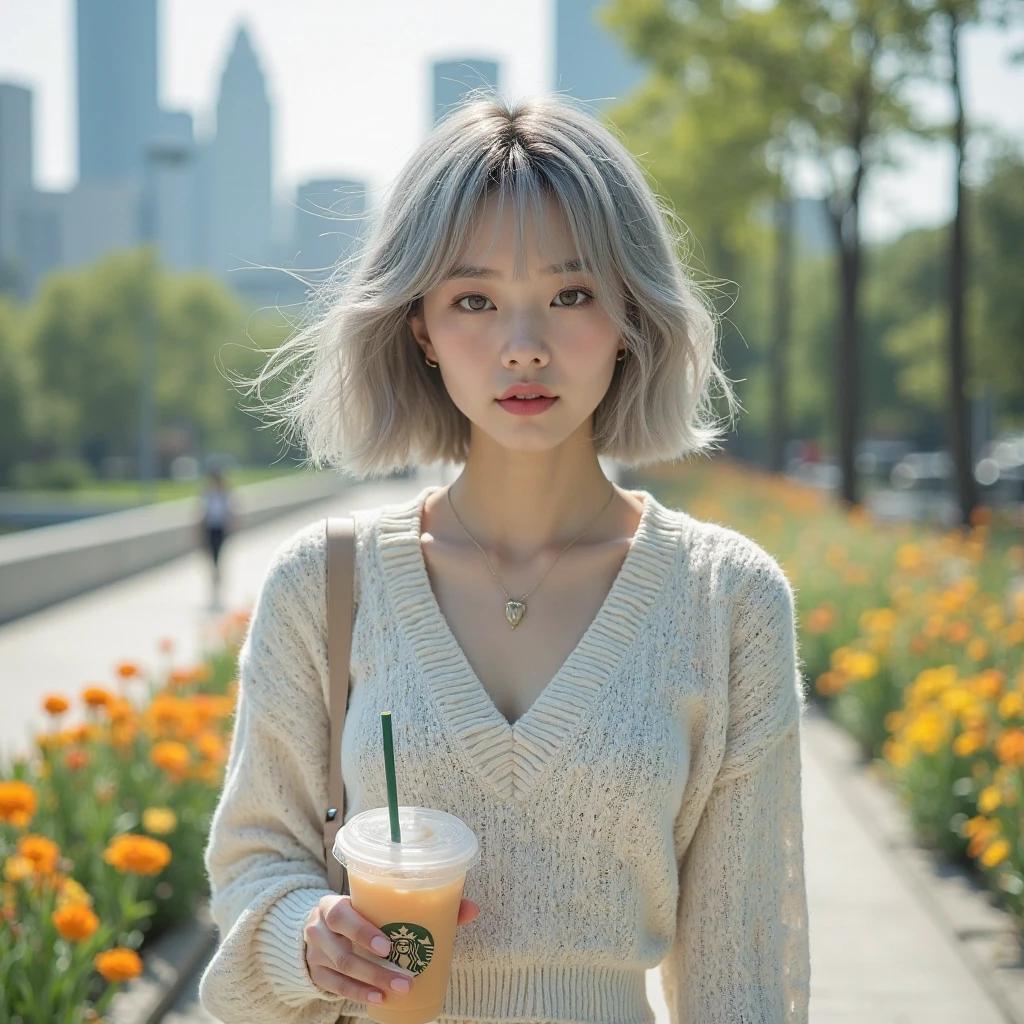 8k, RAW, best quality, ultra high res, 1girl, smile, portrait, closeup, white dress, ash grey color hair, grey hair, bangs, long hair, walking on street, perfect lighting, plain face
, akinav1,
