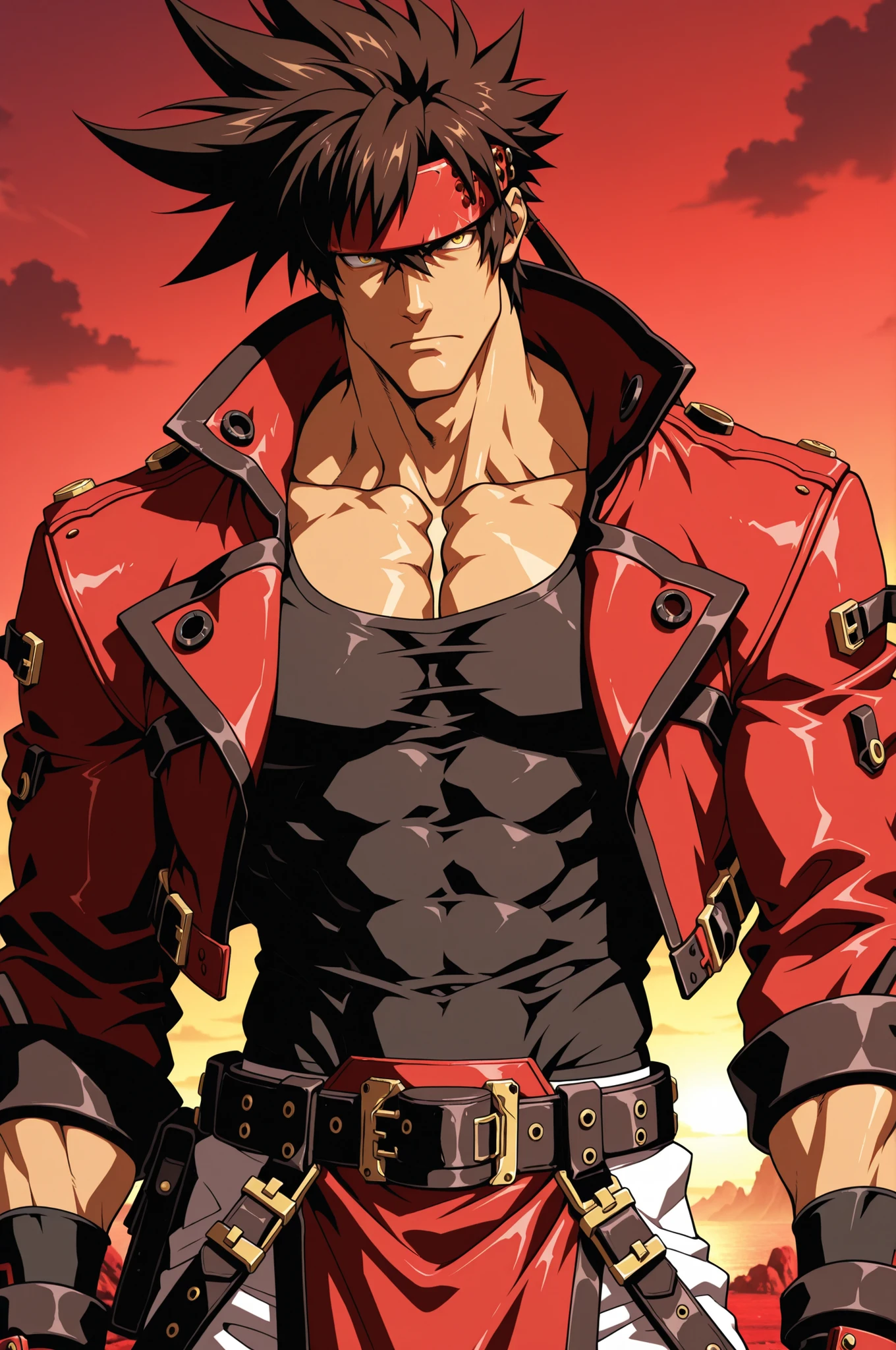 (anime_coloring, anime screen_cap), masterpiece, best quality, absurdres, newest, very aesthetic, amazing quality,highres, 1boy, male, Sol Badguy, brown hair, gold eyes, black vest, red jacket, belt, headband,ultra-detailed, intricate details
