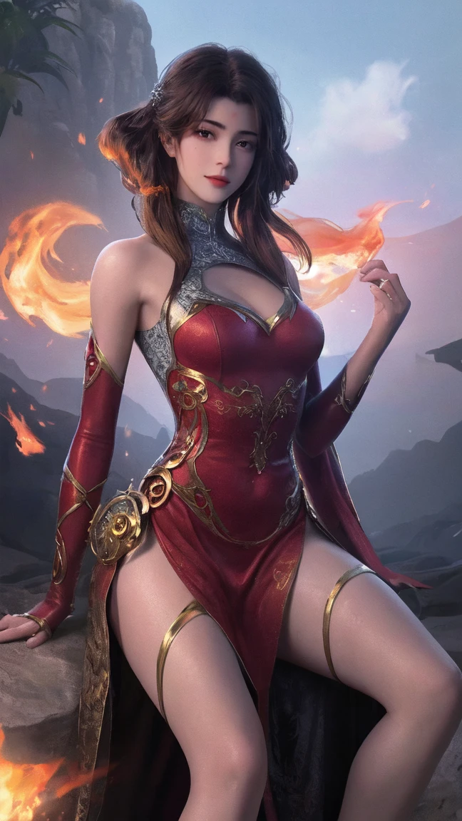 (master piece:1.8), (best quality:1.8), (exquisite lighting and shadow, highly dramatic picture, cinematic lens effect) 8k, wallpaper, dynamic pose, one foot in the floor one knee in the air, looking at the viewer, Full Body female long dark gray hair in the air dark fantasy warrior lady wearing an intricate elaborate futuristic thin super hero red suit with white ornament lines no sleeves, with a big shiny gold crown with red gems, with large middle thighs red leather boot, holding two fire orbs in the hands, thin waist, notorious hips, super sexy girl, frown look in the eyes, fire explosion behind, fire background, ethereal lightning, sharp focus
