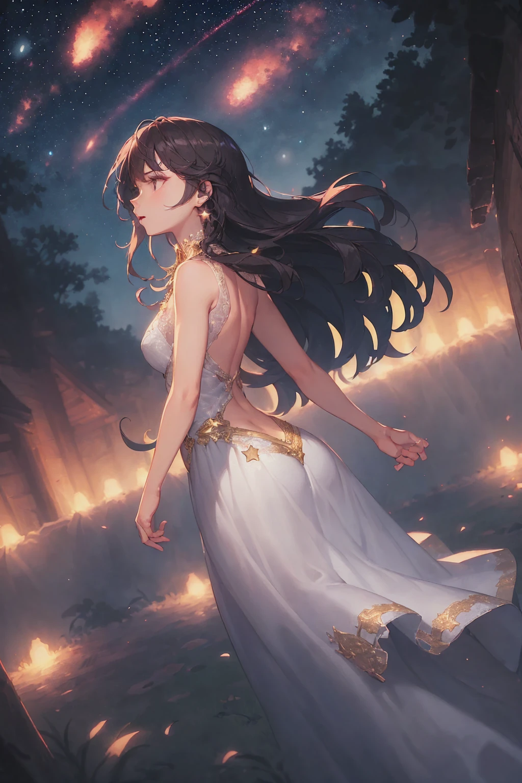 Vast landscape photo, (viewed from below, the sky is above and the open field is below), a girl standing on a flower field looking up, (full moon: 1.2), (meteor: 0.9), (nebula: 1.3), distant mountains , Trees BREAK Crafting Art, (Warm Light: 1.2), (Fireflies: 1.2), Lights, Lots of Purple and Orange, Intricate Details, Volumetric Lighting, Realism BREAK (Masterpiece: 1.2), (Best Quality), 4k, Ultra-Detailed, (Dynamic Composition: 1.4), Very Detailed, Colorful Details, (Rainbow Colors: 1.2), (Glow Lighting, Atmospheric Lighting), Dreamy, Magical, (Solo: 1.2)