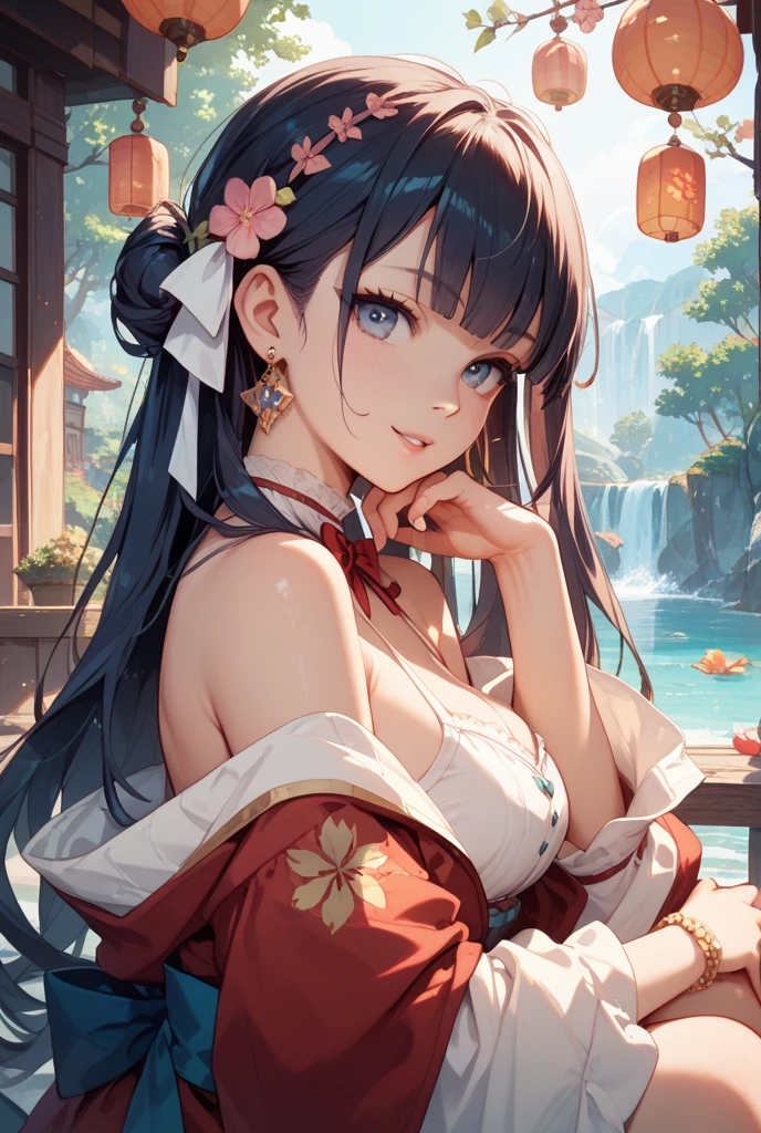 ((Top Quality)), ((Excellent)), ((Detailed), ((Uga Benzaiten)), ((God of Fortune who brings Wealth)), Black Hair, ((Paradise)), Golden Robe, ((Lots of Lotus Flowers)), ((Nice Hands)), ((Perfect Hands)), ((Five fingers on a hand)), Upper Body, Sunrise, Ultra-Realistic, Stunning Environment, Bright Colors, Blue Eyes, ((Topless)), ((Halo)), ((Lots of Bubbles)),White Snake,((Nice Hands)), ((Perfect Hands)), ((Five fingers on a hand)),