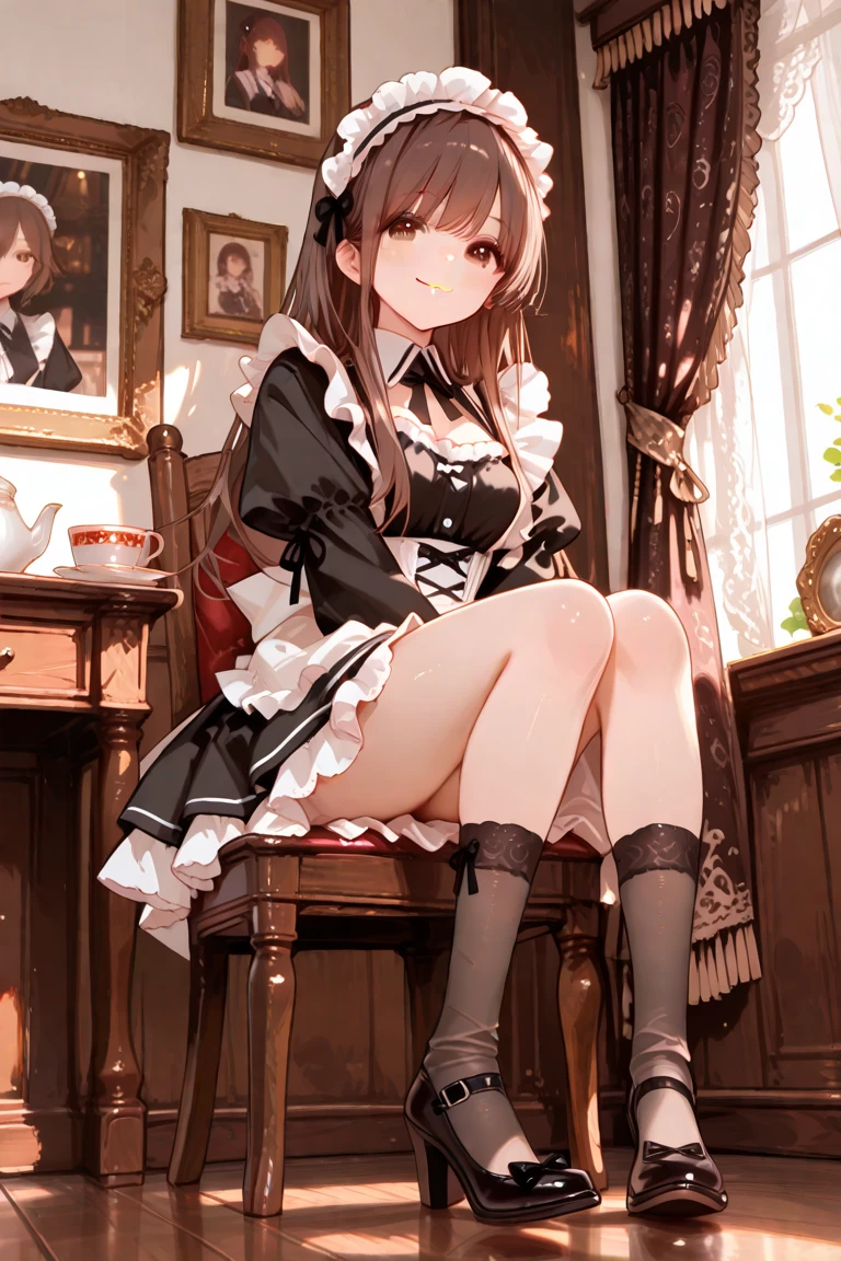 Highest quality:1.5,maid,Leg Up Socks,Absolute area,Natural Lip,Cold look,Brown hair semi-long hair