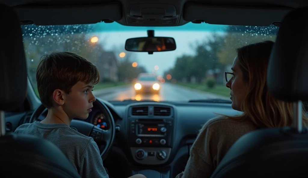 little boy sitting on his mom's lap using her phone, shorts, inside of a bus, brown hair, blue eyes, blushed cheeks, photo realistic, ultra detailed, soft lights, night time ⌚, city, 1mom, 1boy, 1child, (best quality, masterpiece,)