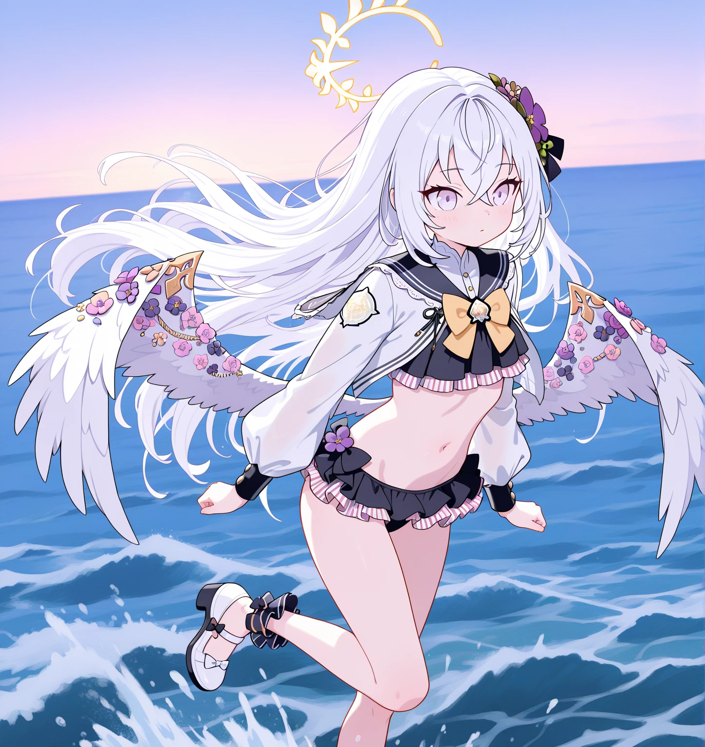 1girl,azusa \(swimsuit\) \(blue archive\),blue archive,
1girl, wings, halo, solo, looking at viewer, navel, popsicle, sitting, frilled , hair flower, eating, collarbone, beach, bead necklace, ahoge, official_alternate_costume, food-themed hair ornament
masterpiece,best quality,absurdres,