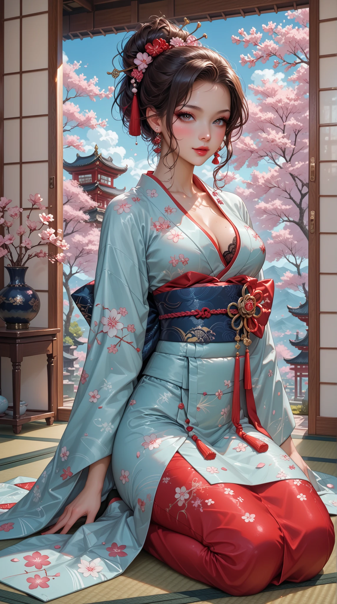 She holds a closed red fan in her right hand、Wooden building corridor、Navy blue shiny dress、Beautiful 30 year old woman、Red big flower hair accessory、Red underwear、Flashy floral kimono、The belt is black and shiny.、The greenery of early summer spreads、rain、bad weather、Rain falling in the background、evening