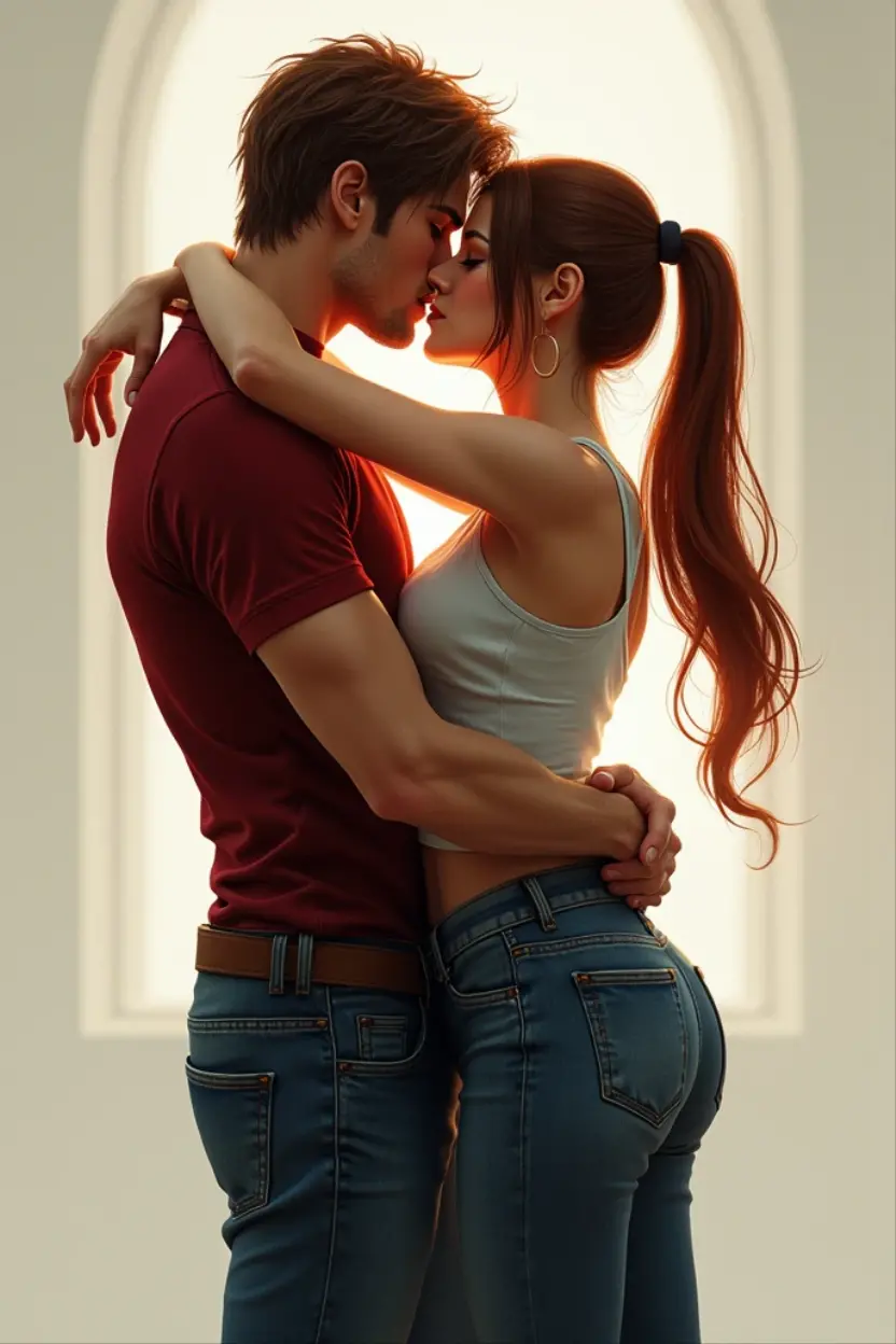 (masterpiece, best quality), 1girl and 1 man, claireredfield2, wear jeans, kiss the man , girl back, the man is pressing girl against the wall