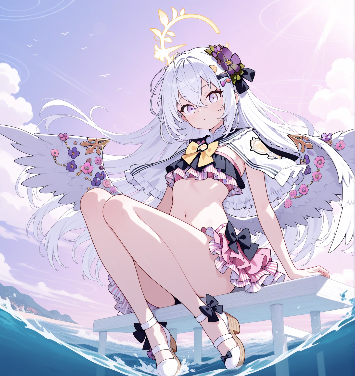 Anime girl with angel wings sitting on a swim ring in water,Lilia, At the Beach, Swimwear, Full Body Commission, is wearing a Swimwear, At the Beach, top rated on Pixiv, Summer Goddess, at Pixiv, I also make fan art, Pixiv, Anime Goddess, High resolution consignment, Swimwear, At the Beach, oc commission