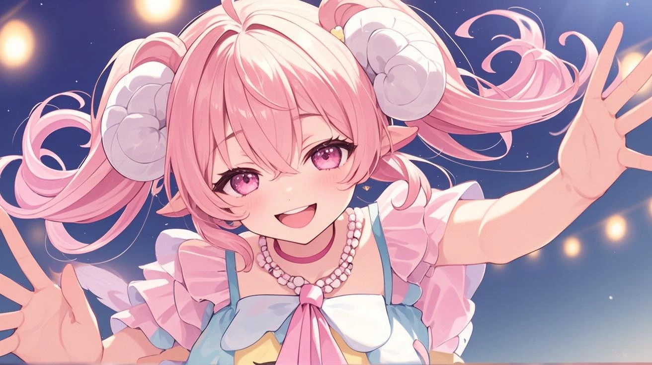 Pink Hair Girl、Long twin tails、bra、Panties、Face close-up、See-through feather robe、Fantastic Background、Moonlight、smile