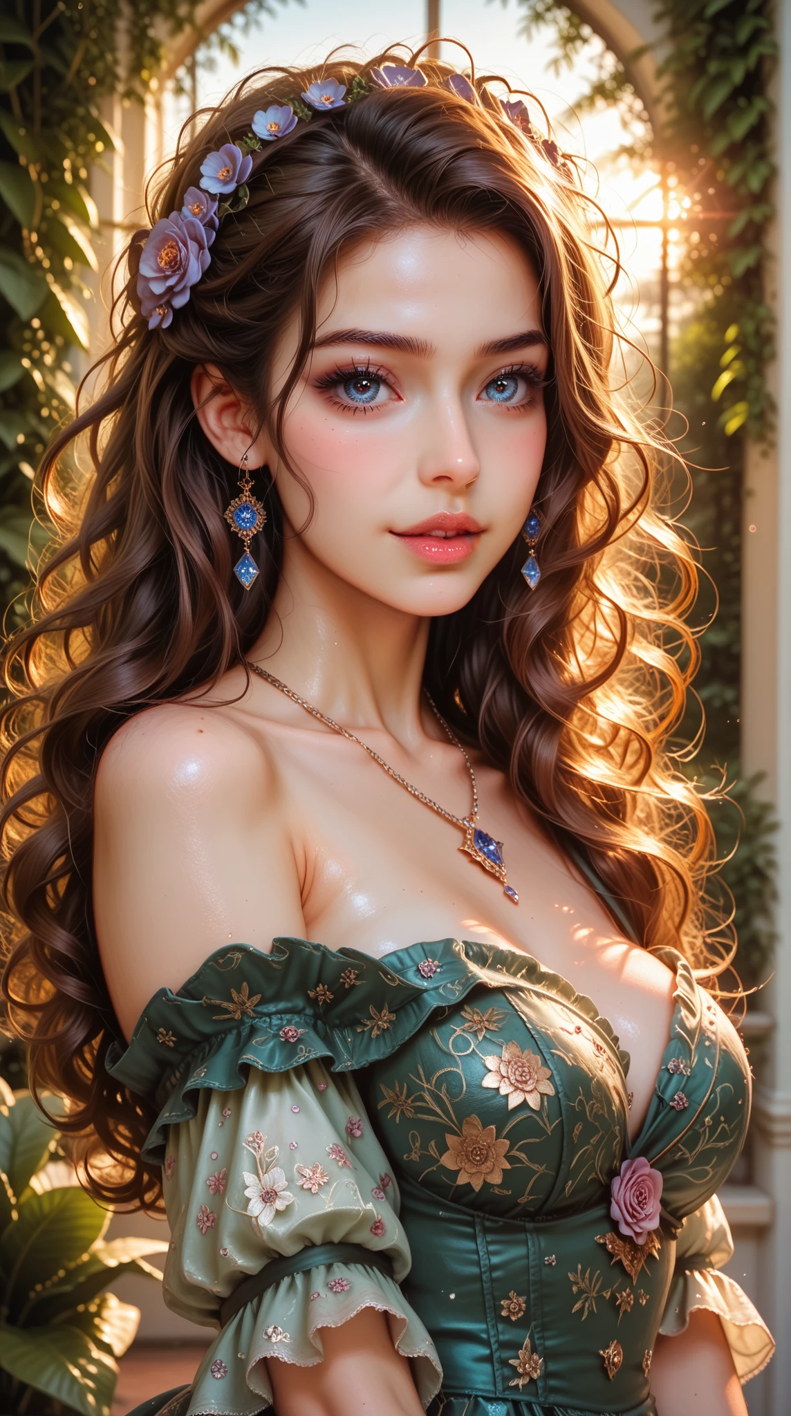 8K high resolution FPV cinema photo , hyper realistic , anatomically perfect , Full body , 18 year old girl from North Africa , Brunette long slightly wavy hair , green eyes with thin eyebrows , Modern jewelry for hair and body , Model poses in light blue transparent fine silk with very discreet underwear , Background white park bridge in a fantastic garden from another world