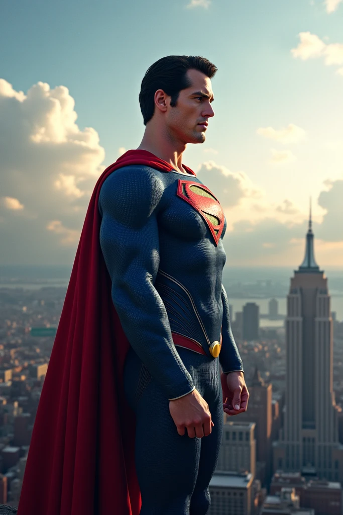 A highly realistic representation of Superman, the iconic superhero, is shown in this Image. The focus is on Superman's muscular physique, defined facial features, and confident expression. Seu terno azul vibrante se agarra firmemente ao seu corpo, emphasizing his superhuman strength. The iconic red cape flows behind him, adding a sense of movement and grandeur to the scene. The lighting in the image accentuates the contours of your body, criando sombras e realces realistas. O fundo apresenta uma paisagem urbana, with tall buildings and a cloudy sky, hinting at Superman's role as guardian of Metropolis. Attention to detail in rendering captures the essence of Superman's character, mostrando seu poder, determination, and unwavering commitment to justice. This realistic portrait of Superman pays tribute to the beloved superhero, while emphasizing his iconic presence and larger-than-life personality.