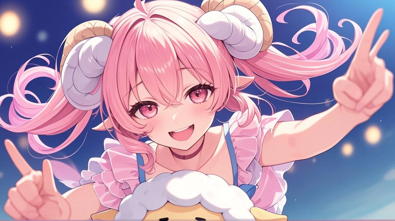 Tiki is a purple girl cow with blue spots, pink cheeks, and yellow horns. SPARKLE; GLITTER