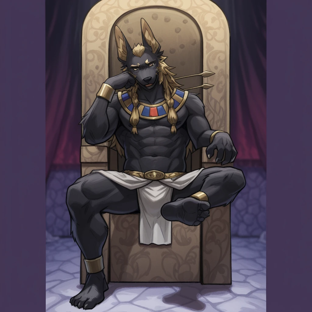 A giant, furry and slim anthropomorphic jackal with black fur that has gold markings, purple glowing eyes and short messy black hair wearing a gold cape, a gold thong with a giant bulge gold shoulder bracelets, gold earrings, gold rings, gold anklets and gold toe rings kneeling on his bed with his hands on his hips