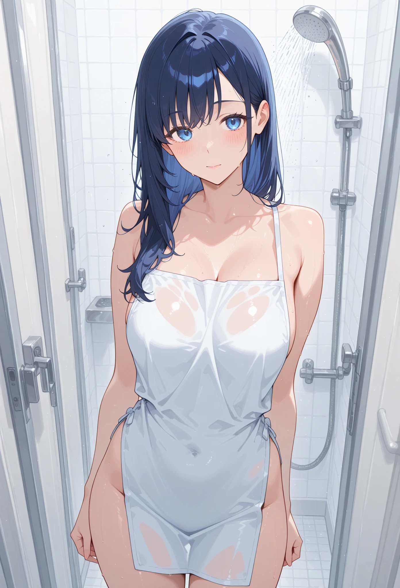 ((masterpiece、Highest quality、Very detailed))、One person、Black Hair、Long Hair、twintails、blunt bangs、Grey Eyes、evil smile、((Smile))、Small breasts、((Navy blue school swimsuit))、((strap slip))、Cowboy Shot、((POV hands))、Shower Room Background