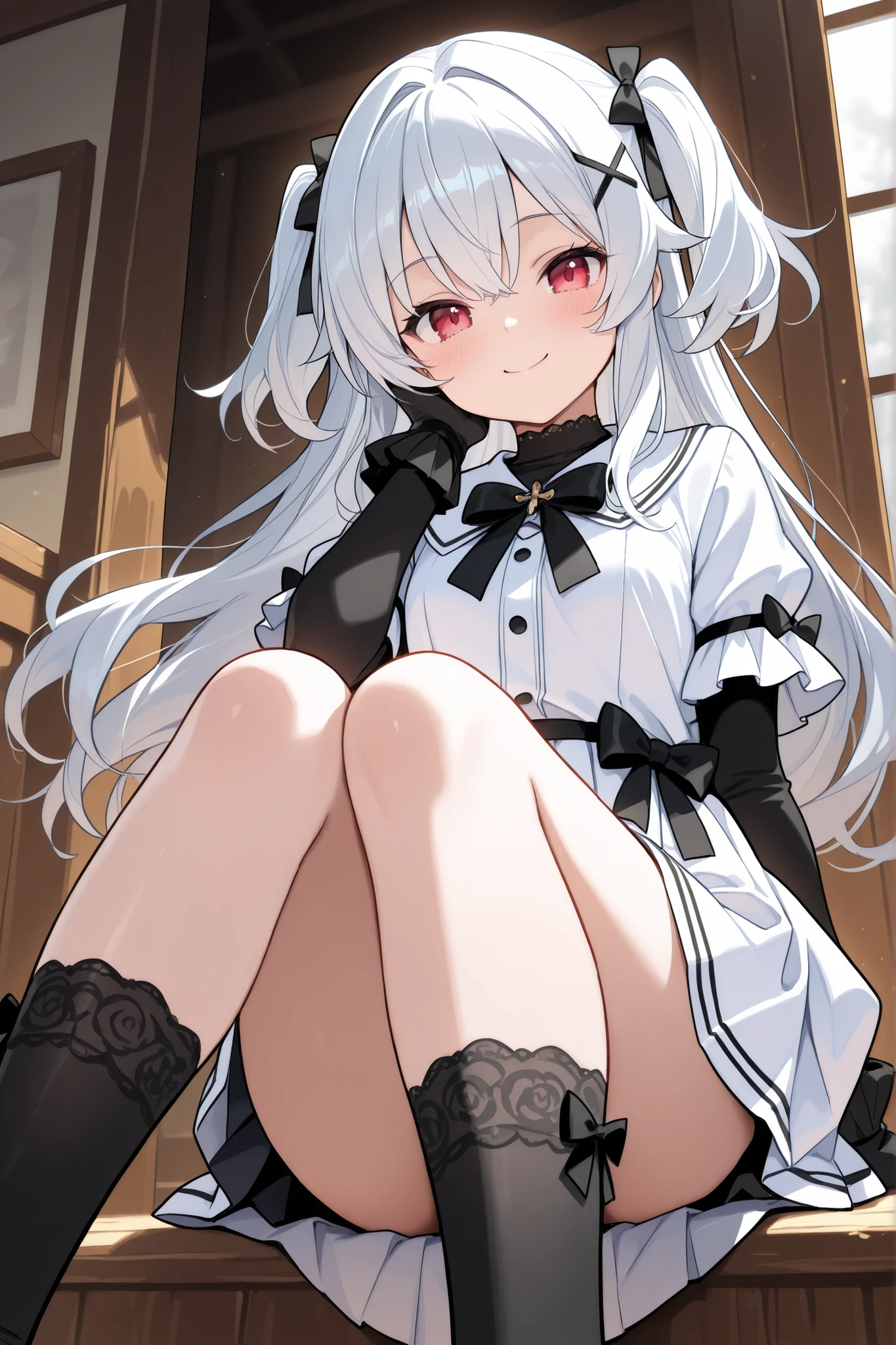 (((masterpiece))),best quality, extremely detailed CG unity 8k, illustration, contour deepening beautiful detailed glow,(beautiful detailed eyes), High level of image quality、top-quality、Detailed diagram、Reddening cheeks、slim adult beauty、Maids wear、petty eyes、Knee-length、stocklings、B cup，silvery white hair，double tails，Gray-black pupils，Pupil highlights，Shoulders bare，Quiet and spacious study，Potted greenery，Maid with leg rings，（Panties are visible：1.5），white panties，Lift the hem，NSFW