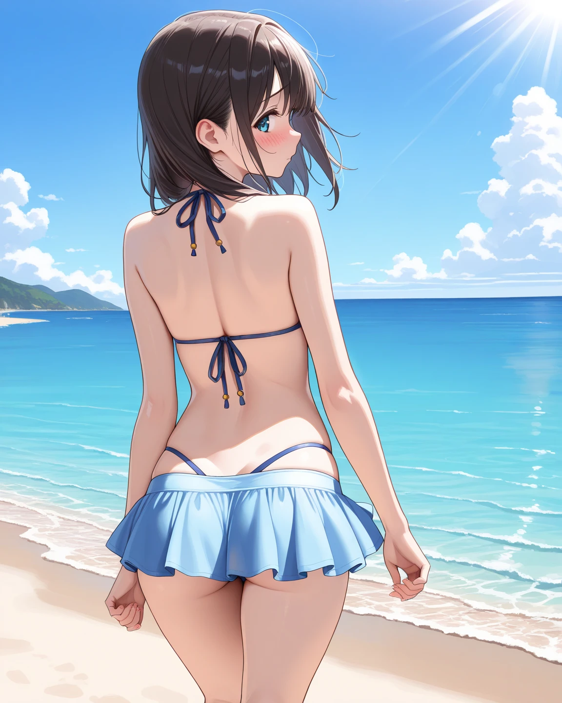 Top quality, very delicate and beautiful, girl, 11 years old, (dark brown hair), blue micro bikini, (ponytail), (white hair band), (brown boots), blue eyes, standing, smiling, sea background