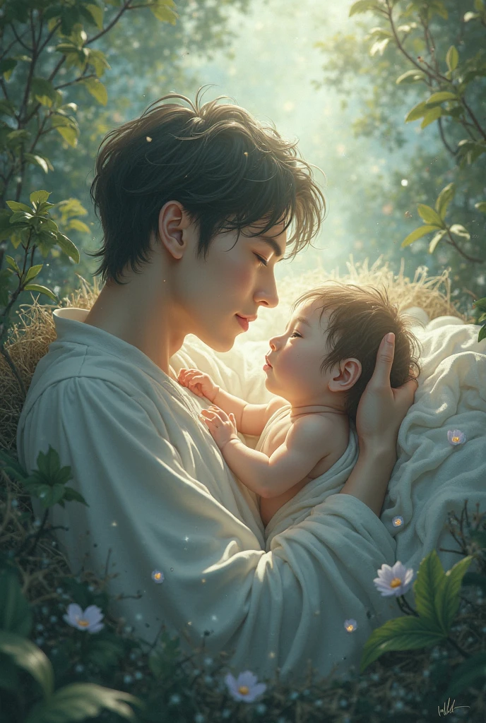 There is a painting，The painting is of a little monk with a baby in a flower field, lovely digital painting, childrens art in artstation, k hd