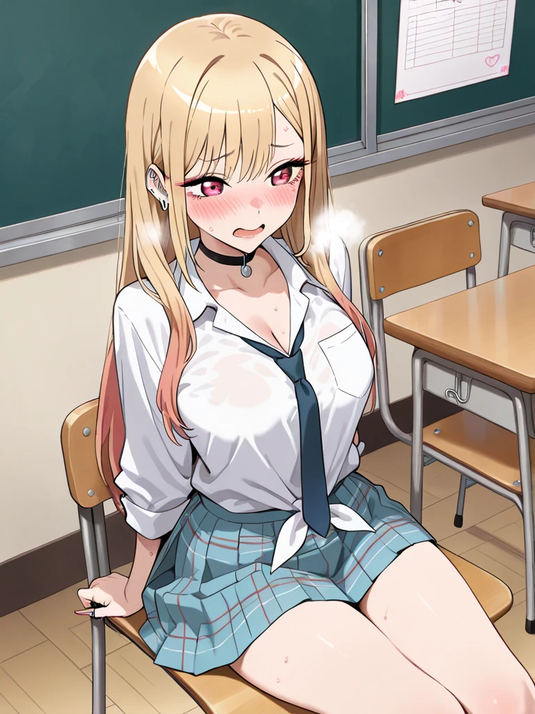 score_9, score_8_up, score_7_up, source_anime, KitagawaMarin, 1girl, ((very drunk)), ((staggers)), ((slightly swollen belly)), upper teeth only, multicolored hair, long hair, magenta eyes, ear piercing, earrings, pink nails, makeup, MarinSchool, bead bracelet, black choker, neck bell, ring, collared shirt, ((white shirt unbuttoned)), short sleeves, blue necktie, plaid skirt, ((blue skirt)), tied shirt, ((lying on a table)), looking at viewer, ((has a stomach ache)), ((shows her naked breasts)), ((skirt lowered)), ((drank too much alcohol)), indoors, classroom, blurry background