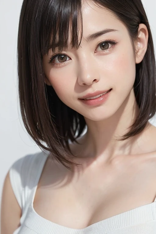 1 girl, alone, Beautiful Skin, very detaileded, ultra detaileded, Ultra-high resolution, (Photorealism:1.4), (highest quality), (Best Shadow), detailed, Perfect lighting, Black Hair, ((Showpiece, highest quality, High precision)), One Girl, (Realistic: 1.4), (look up at the camera even a little, カメラをlook up, look up, look up at the camera, Looking into the camera))), alone, White Background, snow-White Background, shut up., smile, pretty Black Hair, short hair:1.6, Big eyes, Beautiful double eyelids, eyelash, listen, Long neck, 美しいLong neck, Absolute area, ((Face close-up, short hair with bangs、Short Bob Hair:1.5、Off the shoulder)), 19 years old, Attractive proportions, Shiny skin, Beautiful clavicle, Golden ratio face, Perfect Face, Teardrop-shaped mole, Mole on chest, bangs, clean bangs, beautiful bangs, Lip gloss, Thin lips, White skin, I took off my clothes, Small face, Small face, 少し上を向いてLooking into the camera, ((smile a little for the camera, really nothing pure White Background, Listen carefully, big 胸、Dynamic Angle:1.5))