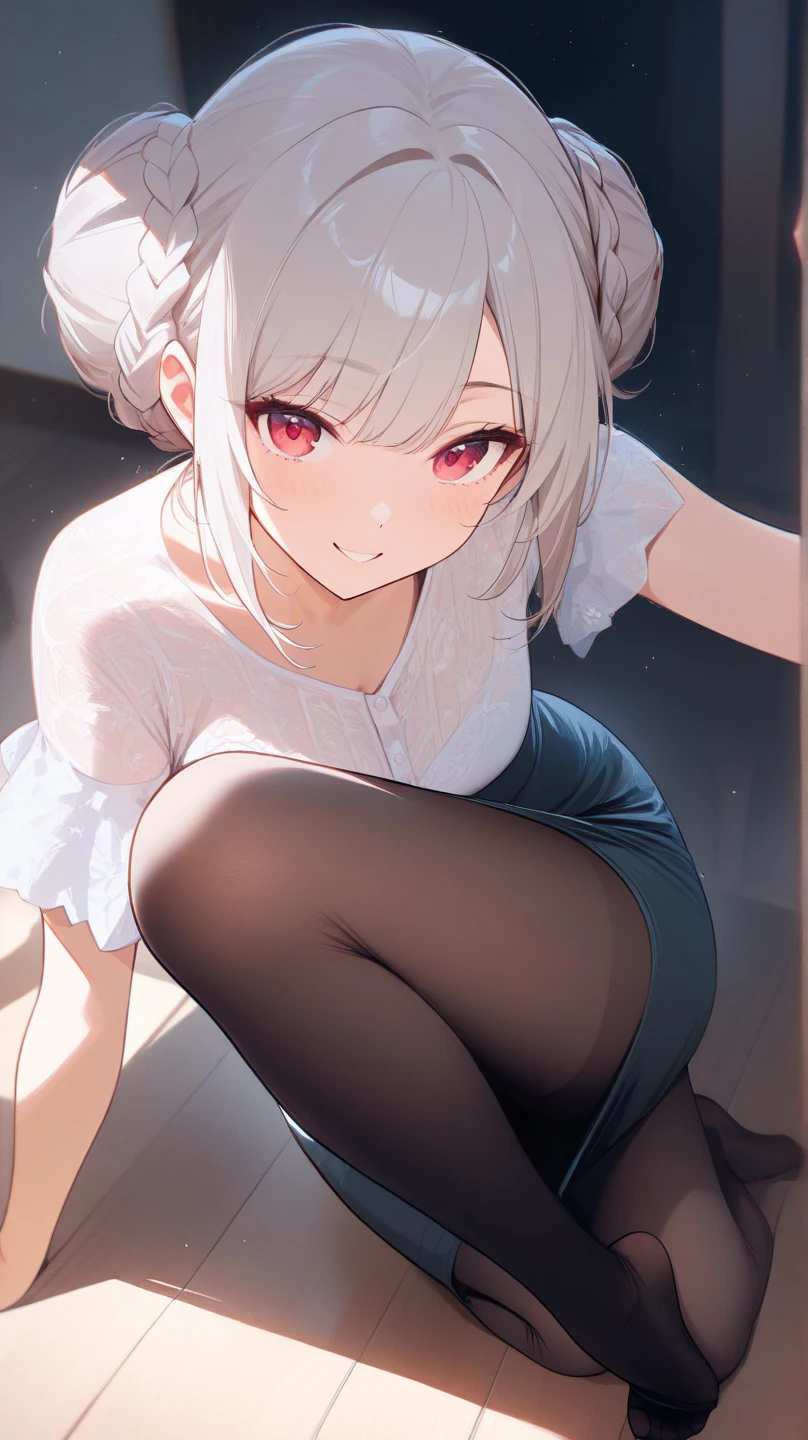 ((Put your hands on your knees)), ((Slouched)), 1 Whole body of a girl, elvish, silber hair, Red Eyes, bob cuts, Braided hair, Fluttering hair, sports wear, Short tank top, spats, Embarrassing, red blush, gender change, concept-art, beautiful anime scene, Beautiful anime scenery, top-quality, ​masterpiece