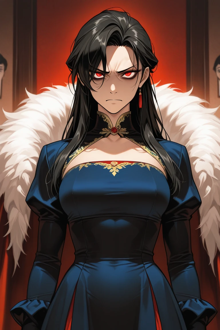 (masterpiece), (best quality), (ultra-detailed), (best illustration), (best shadow), (absurdres),, scan, (extremely detailed CG unity 8k wallpaper:1.1), highres, ambient light, (1girl), Beautiful character design, official art,extremely detailed CG unity 8k wallpaper, perfect lighting,Colorful,shiny skin, (masterpiece:1.0),(best_quality:1.0), ultra high res,4K, (dark theme:0.6), (dark shot:1.1), epic realistic, (dark shot:1.4), 80mm, (anime), (illustration), cartoon, detailed, azula, 1girl, solo, short hair, black hair, hair ornament, ponytail, brown eyes, red robe, embarrassed, blush, facing viewer, 1girl, solo, Beautiful detailed eyes, cleavage, NSFW, revealing clothing, medium breasts, sitting on throne, throne, gold armlets, gold bracelets, gold collar, sleeveless, evil grin
