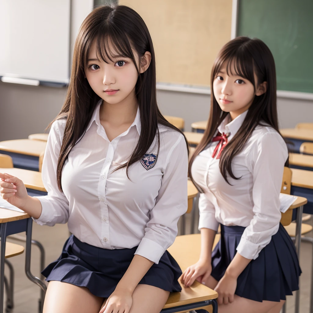 1 young girl, Super beautiful detailed face, Staring at me, Open mouth slightly, shyly smile, Multiple girls, Raw photo, (Best Quality:1.2), masterpiece, 8k, high details, hight resolution, With the highest quality, High-definition raw color photos, professional photograpy, Cinematic Light, (Fine face:1.2), (Beautiful breasts:1.2), (Summer high school uniform with wide open chest:1.3), Beautiful breasts, girl portrait, (Panties), classroom, (((Bokeh))), depth of fields,